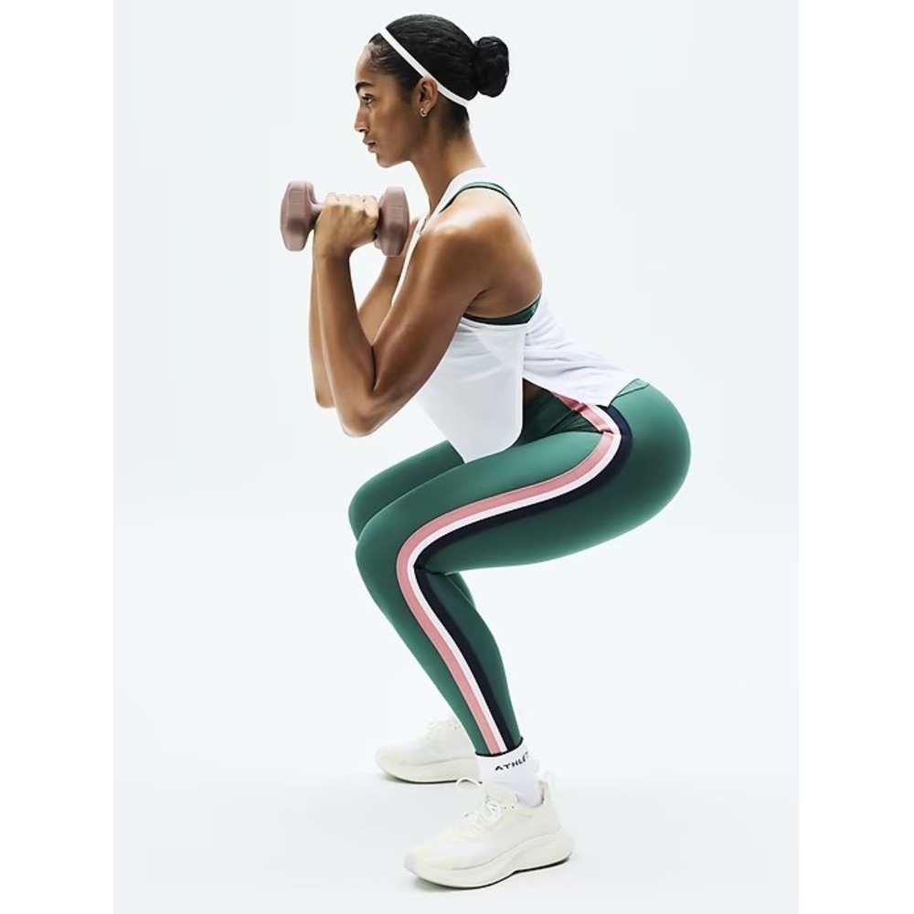 Athleta Interval Side Stripe Tight Green Pink High Rise Leggings Large NWT
